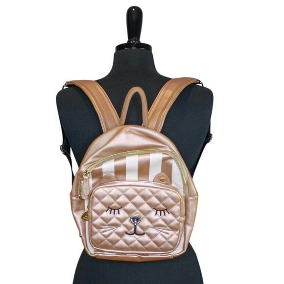 Betsy Johnson Sleeping Cat Backpack Rose Gold Stripes Heart Cute Quilt - Picture 1 of 6